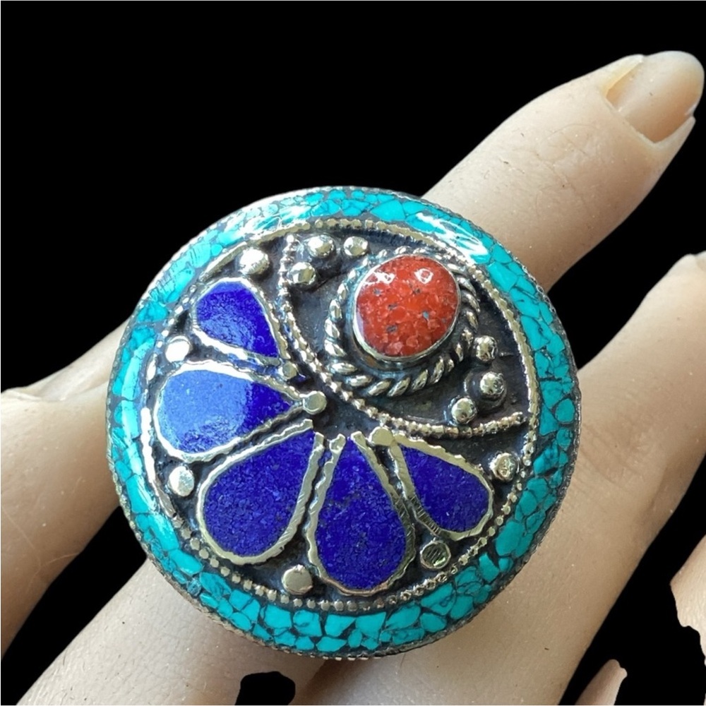 Tibetan Nepalese Silver Lapis Lazuli Turquoise & Coral Ring
